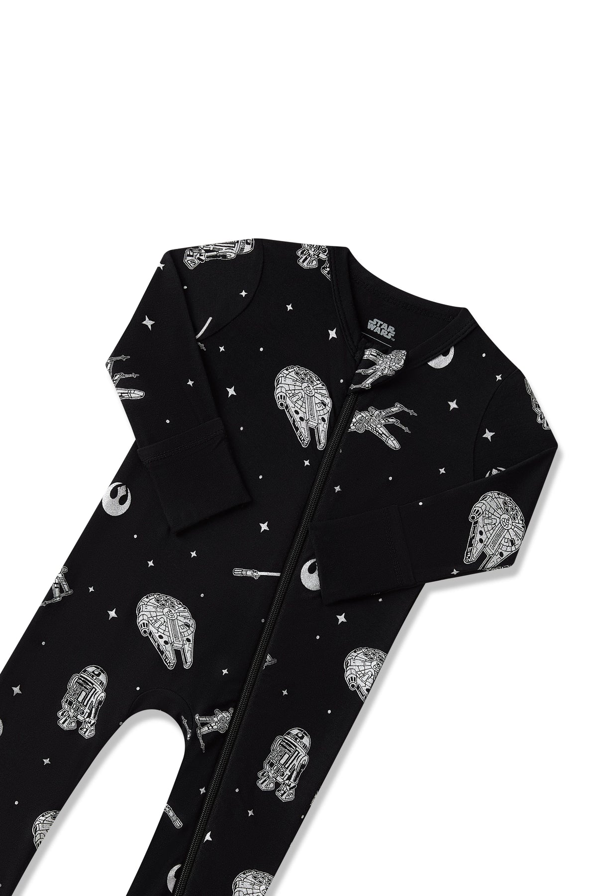 Close up of the zipper garage and fold over hand cuffs shown on the Zippered Romper in STAR WARS™