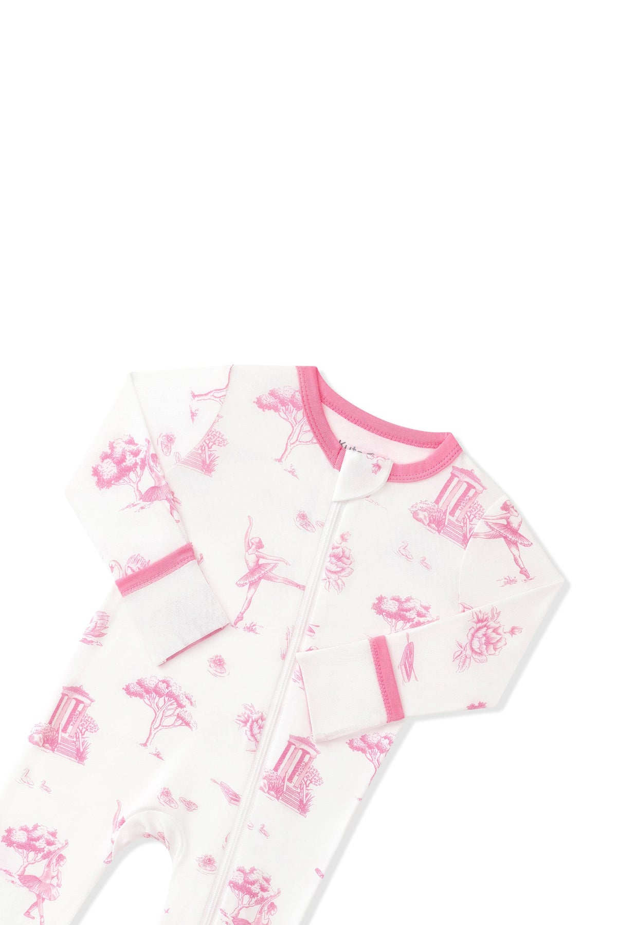 Close up of the zipper garage and fold over hand cuffs shown on the Zippered Romper in Toile Ballet