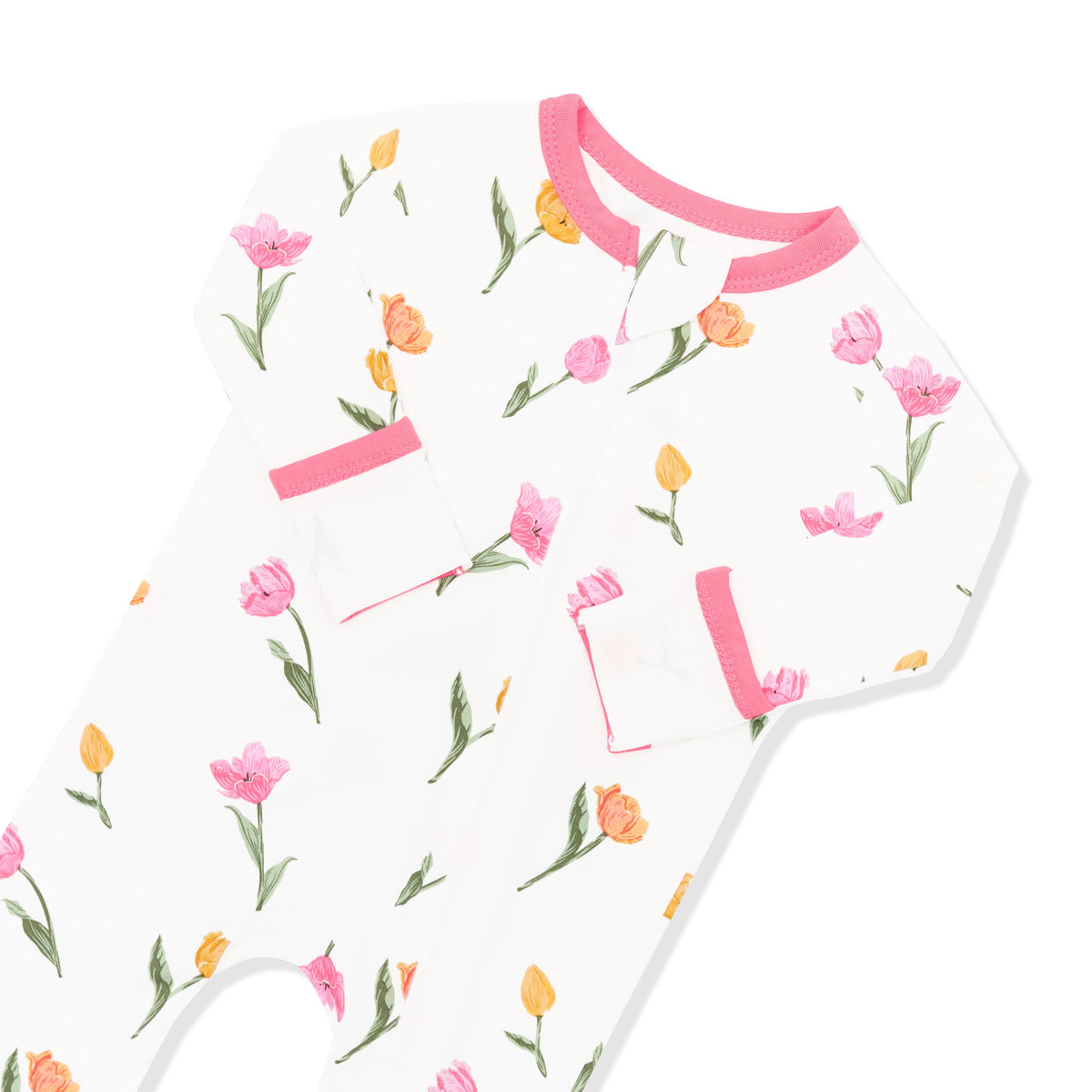 Zipper garage and fold over hand cuffs shown on the Zippered Romper in Tulip