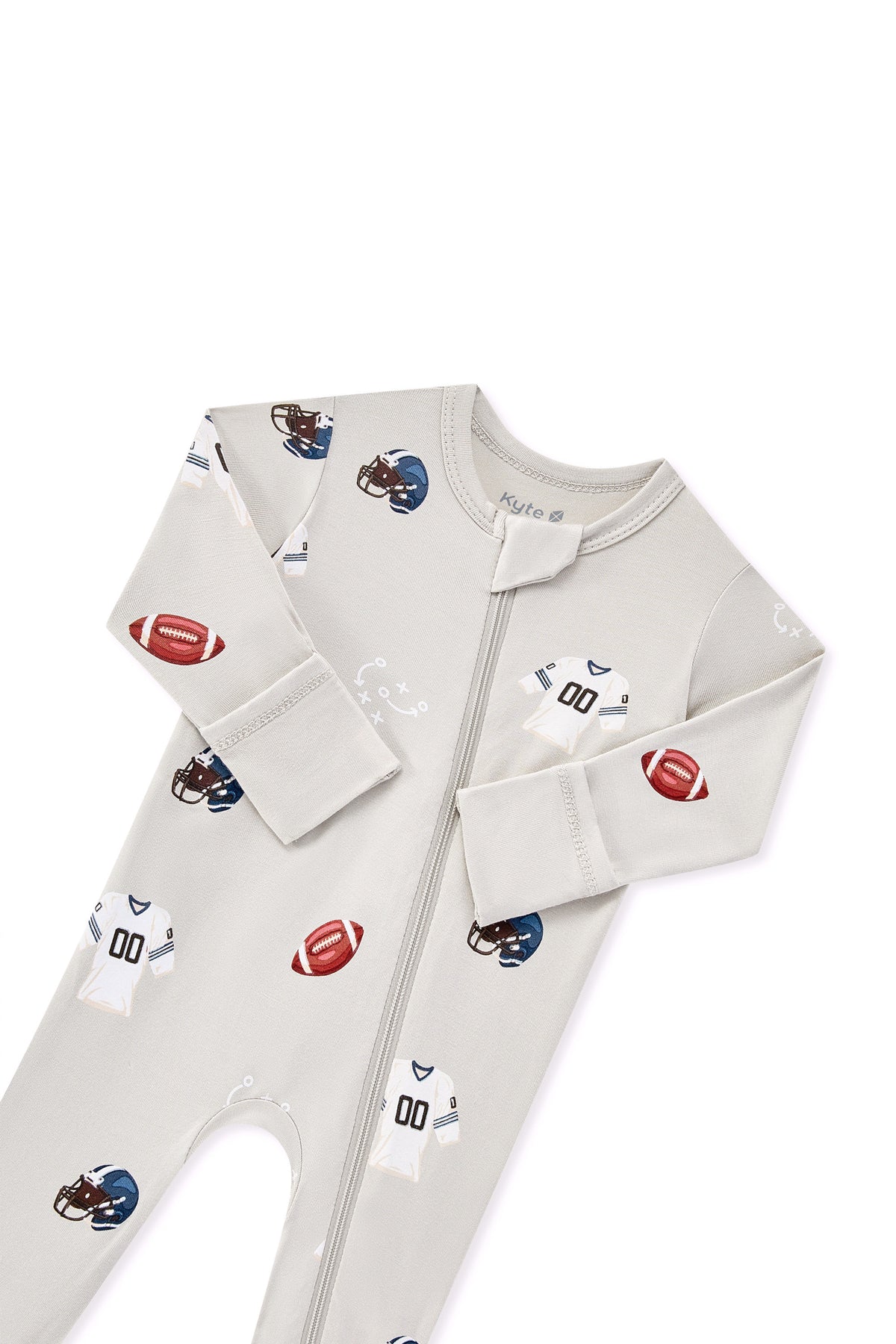 Zippered Romper in Vintage Football print with zipper garage on a white background