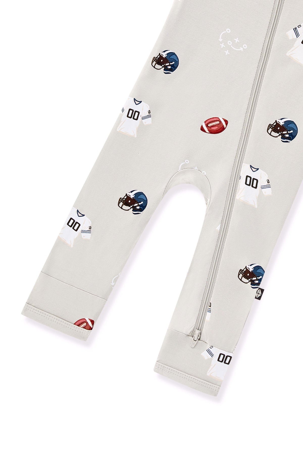 Bottom part of Zippered Romper in Vintage Football print on a white background