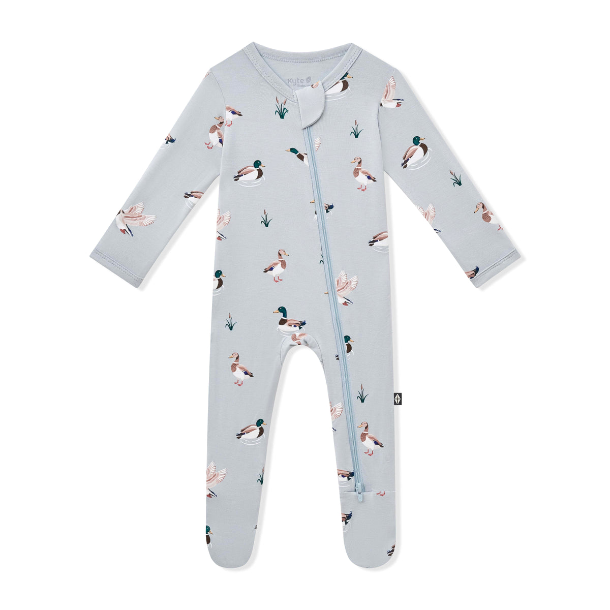 Product photo of the Zippered Footie in Mallard Duck on a white background