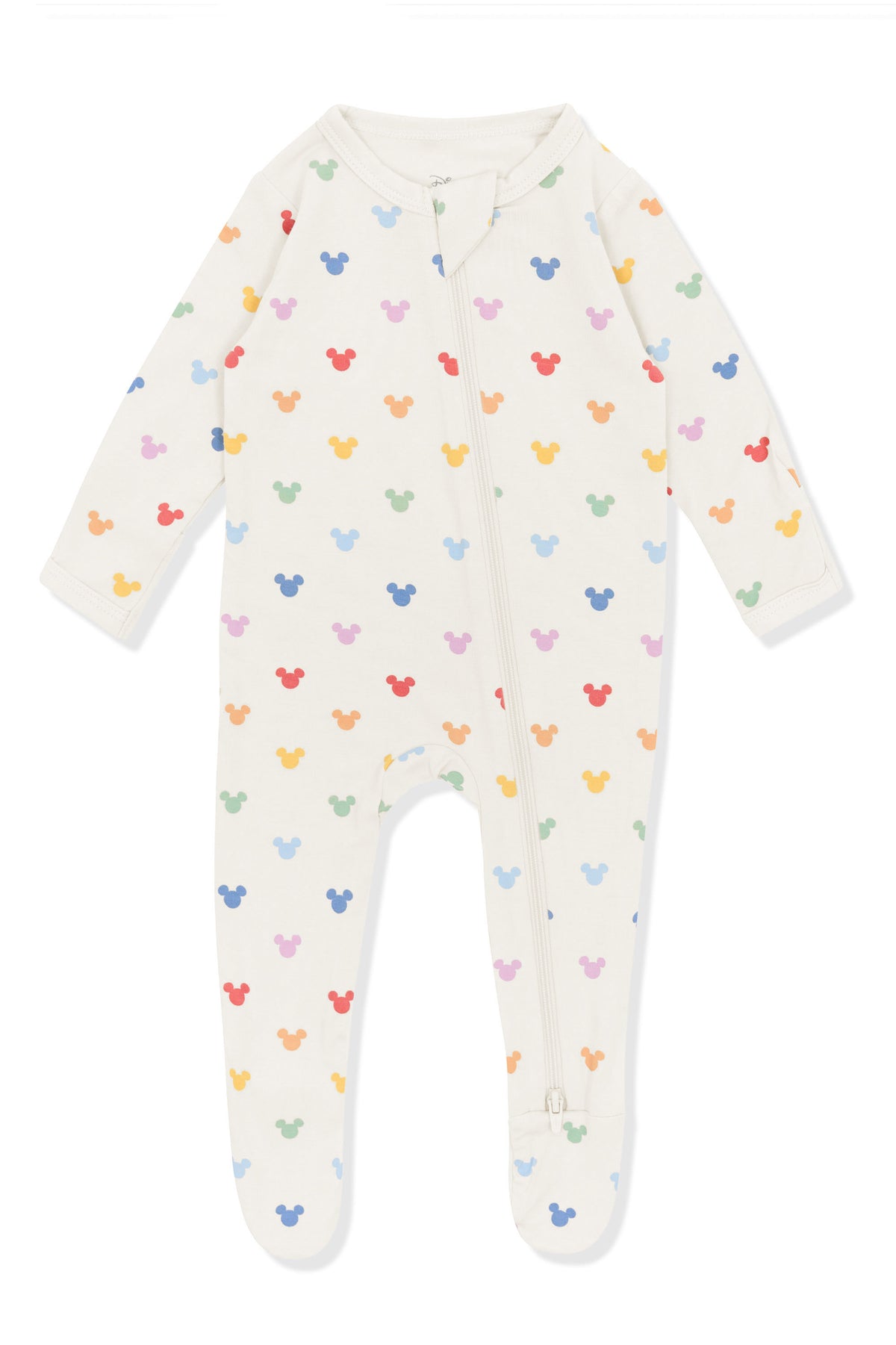 Zippered Footie with Pastel Mickey Mouse pattern on an oat background