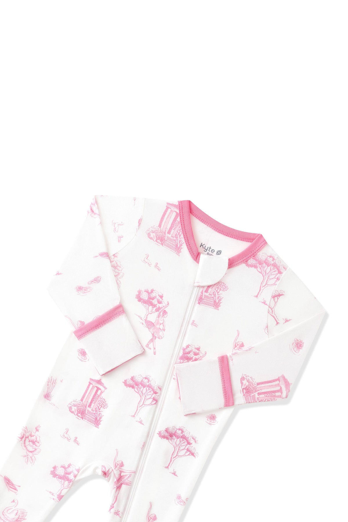 Close up of the zipper garage and fold over hand cuffs shown on the Zippered Footie in Toile Ballet