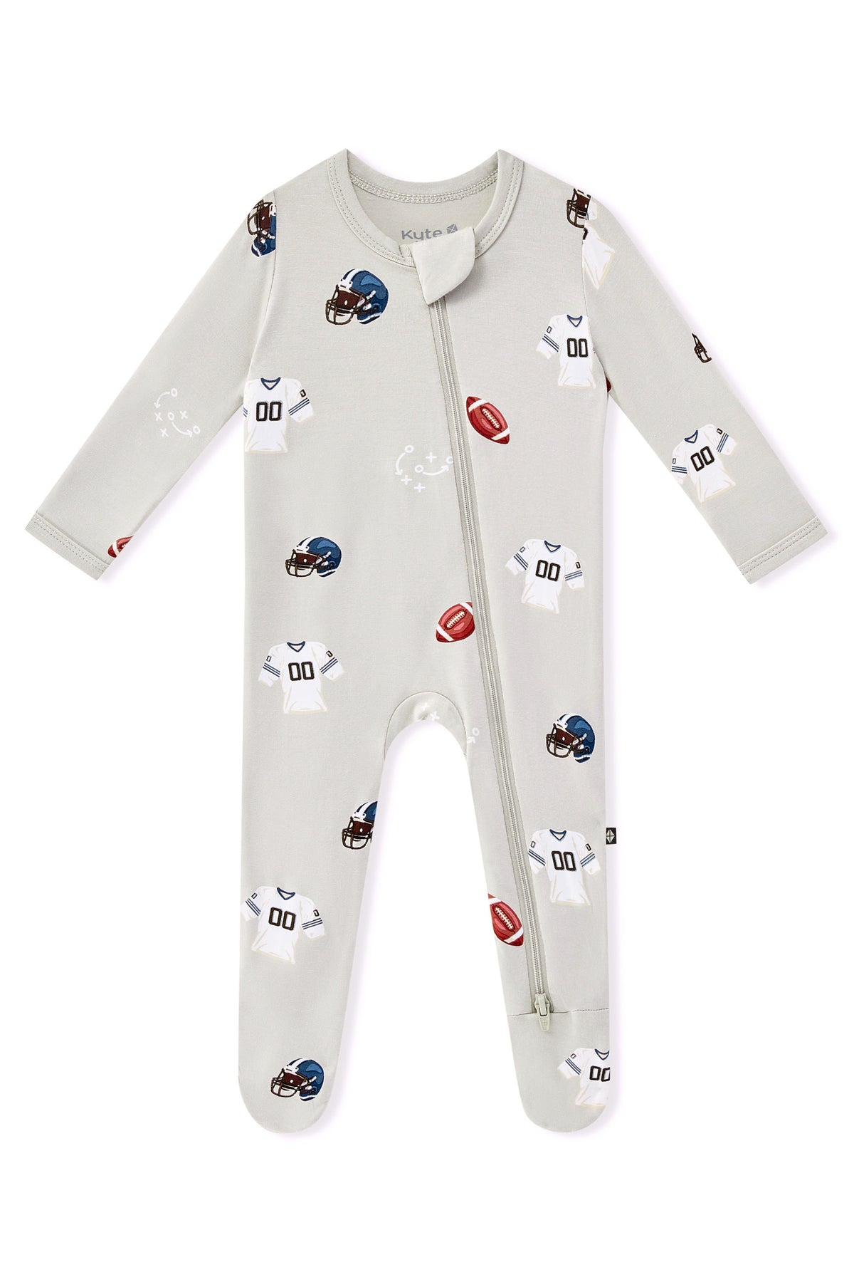 Zippered Footie in Vintage Football print on a white background