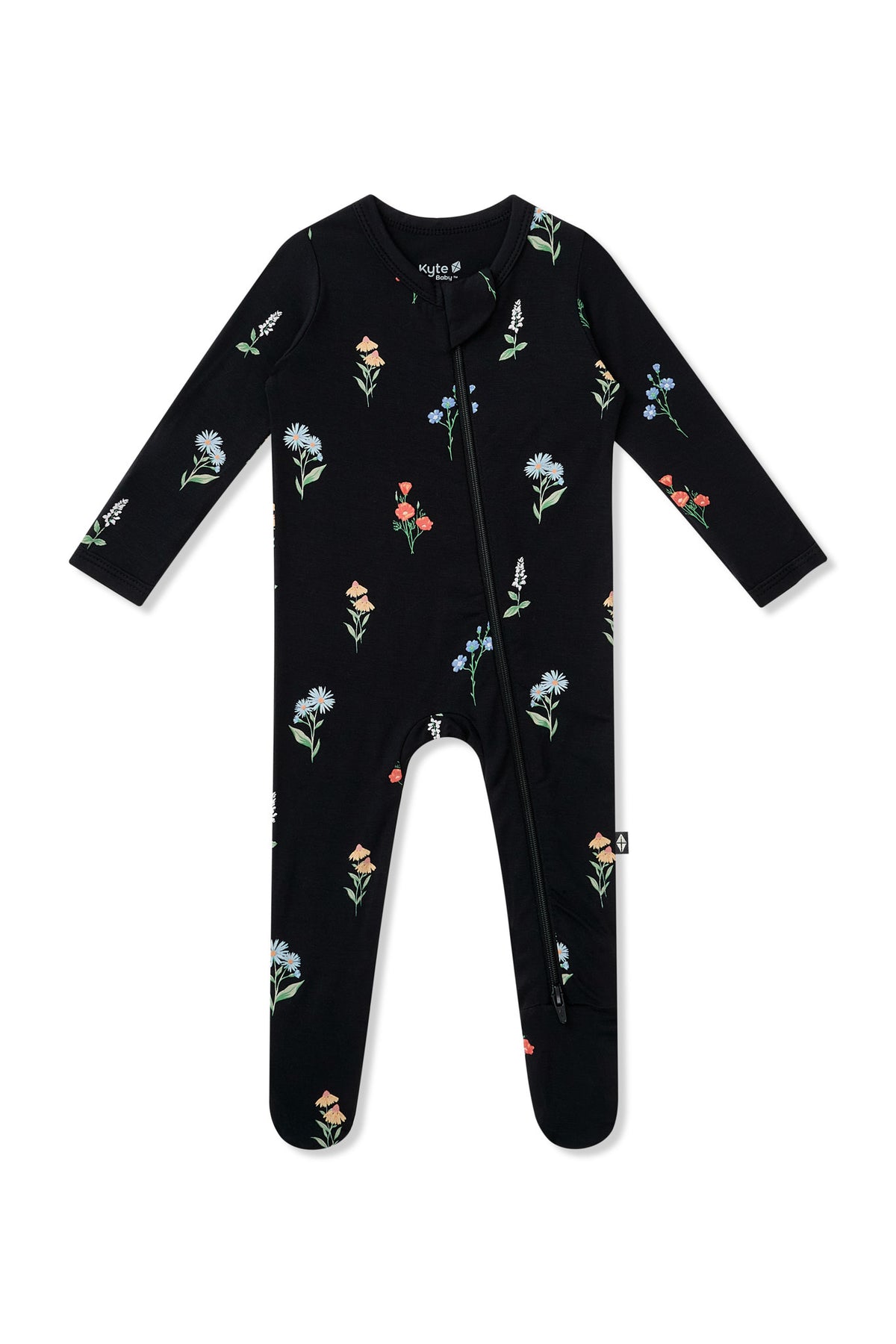 Black Zippered Footie in Wildflower print on a white background