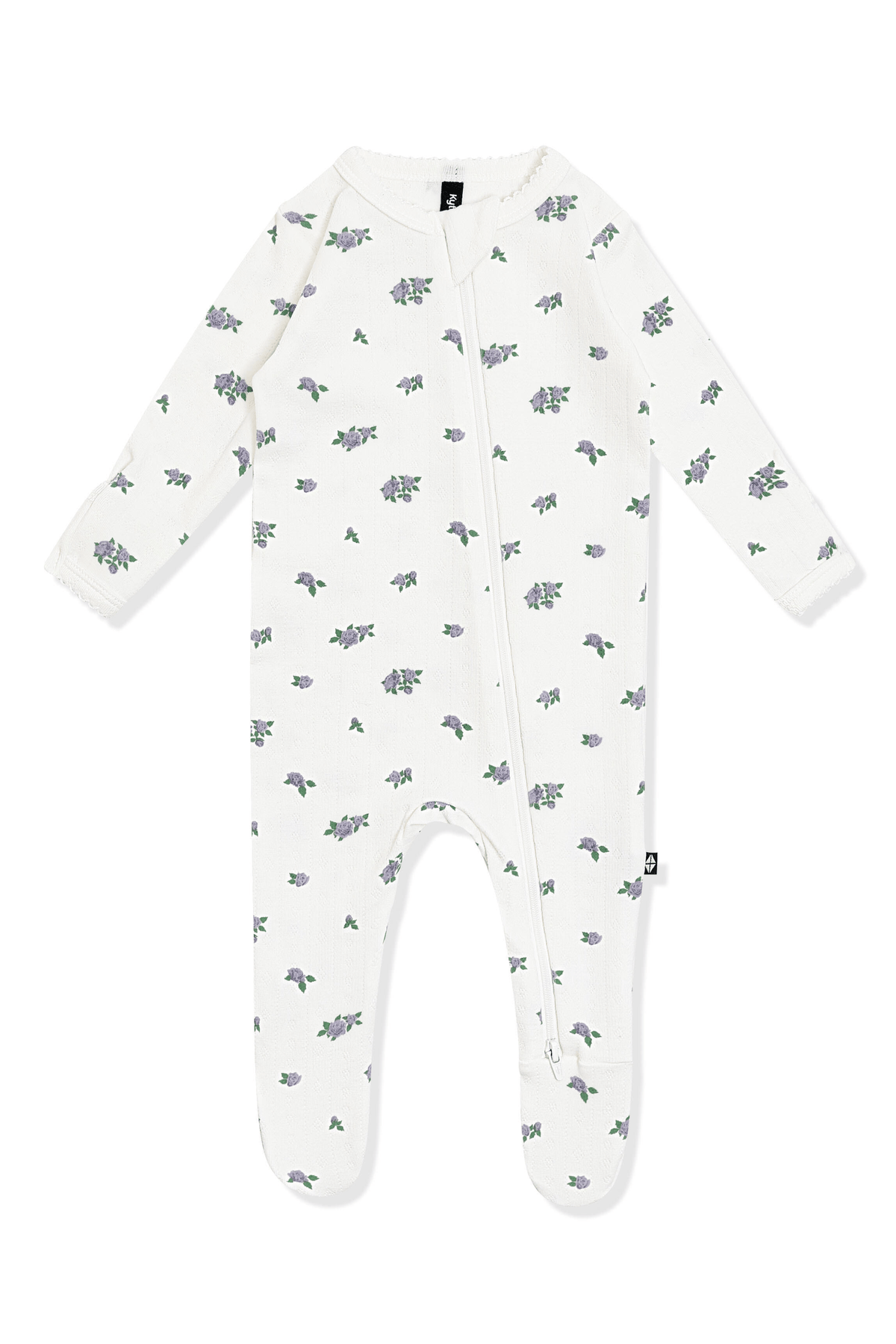 Pointelle Zippered Footie in Spray Rose with the picot trim on a white surface