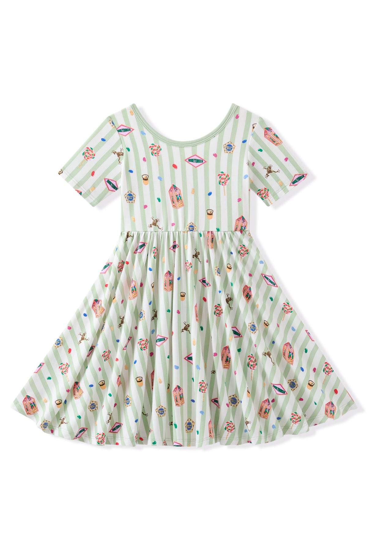 Green and white striped twirl dress with colorful Harry Potter patterns on a white background