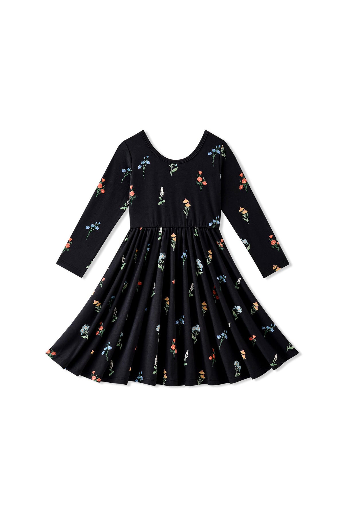 Black Long Sleeve Twirl Dress with Wildflower print on a white background