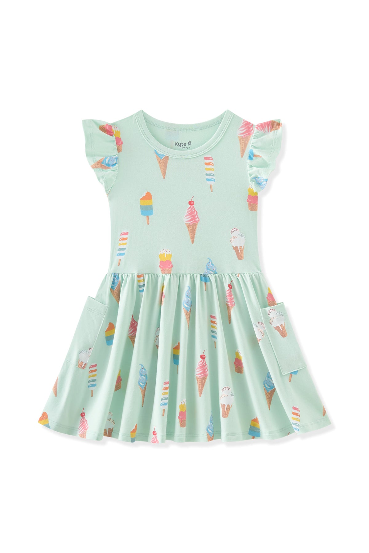 Mint Pocket Dress with Ice Cream print on white background