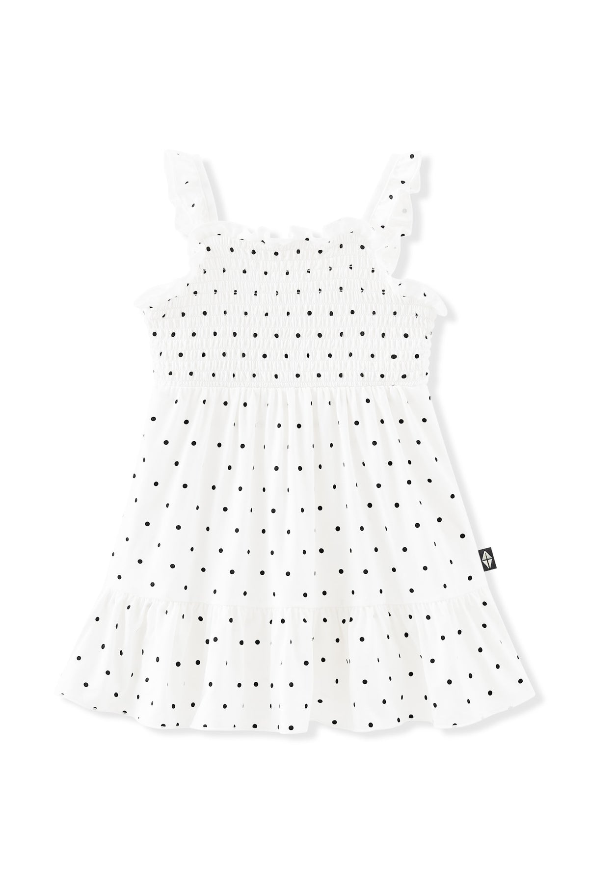 Smocked Dress in Midnight Polka Dot on white background