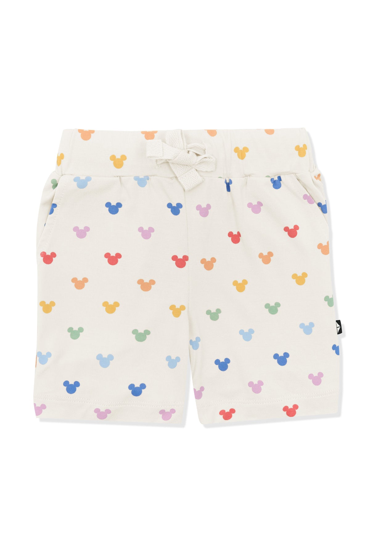 Drawstring short with pastel mickey mouse pattern on an oat background
