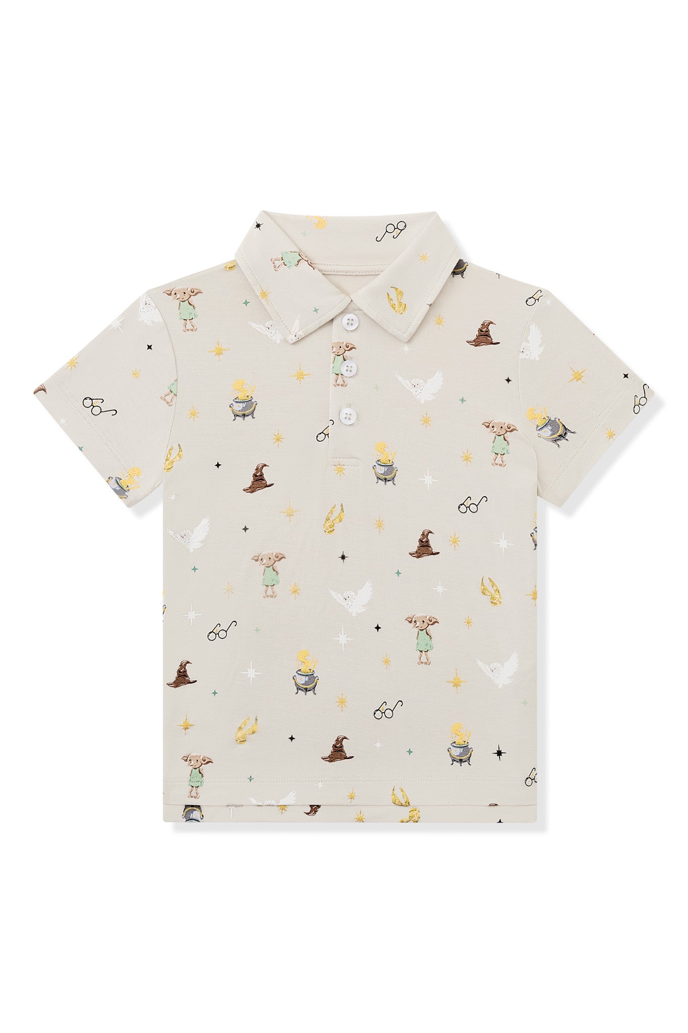Beige Short-sleeve polo shirt with Harry Potter prints on a white background