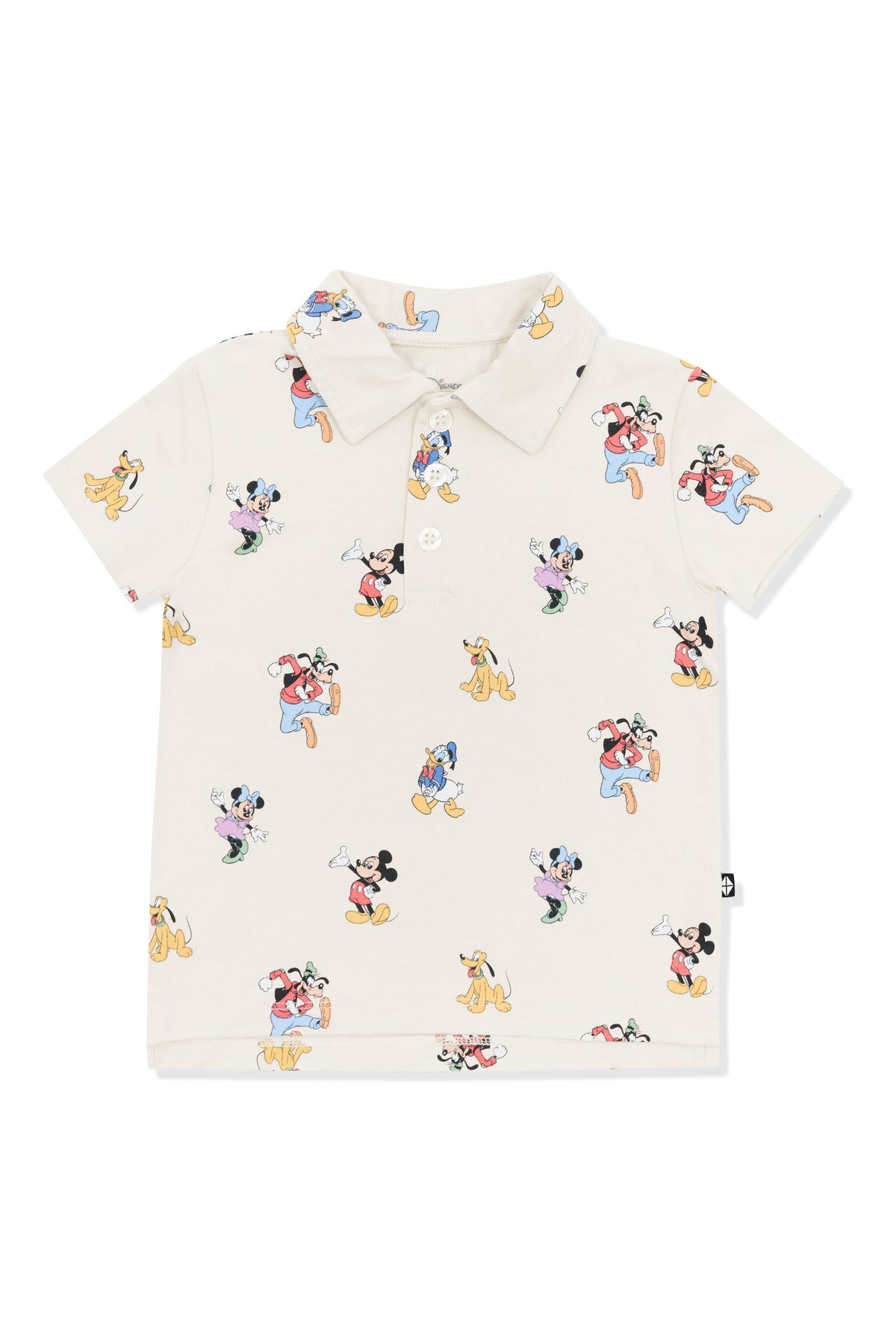 Toddler Short Sleeve Polo with Mickey Mouse and Friends print on an oat background