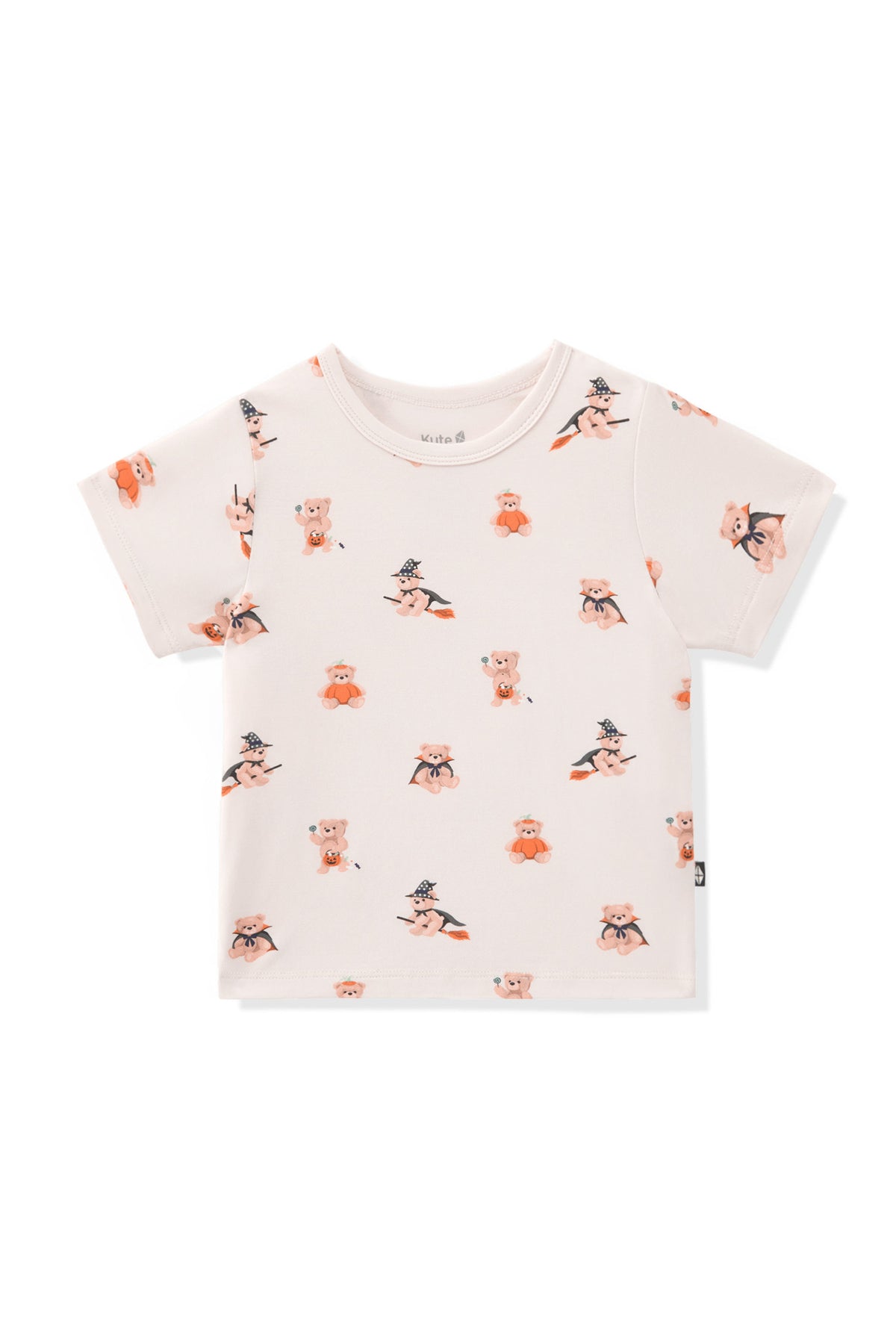 Beige Toddler Basic Tee in Halloween Teddy print on a white background