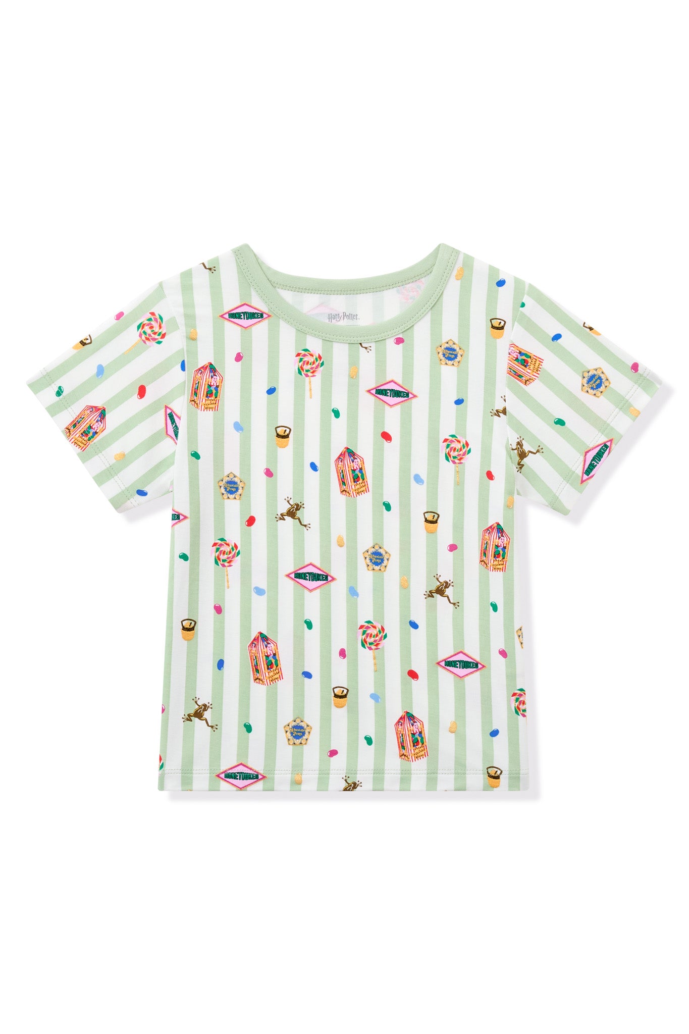 Green and white striped Toddler Basic Tee with colorful Harry Potter patterns on a white background