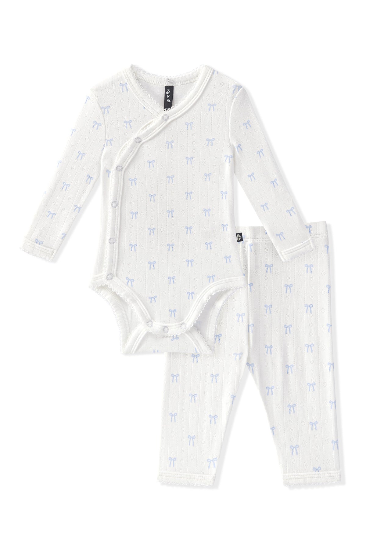 White Pointelle Kimono Set in Sweet Blue Bow print on a white background