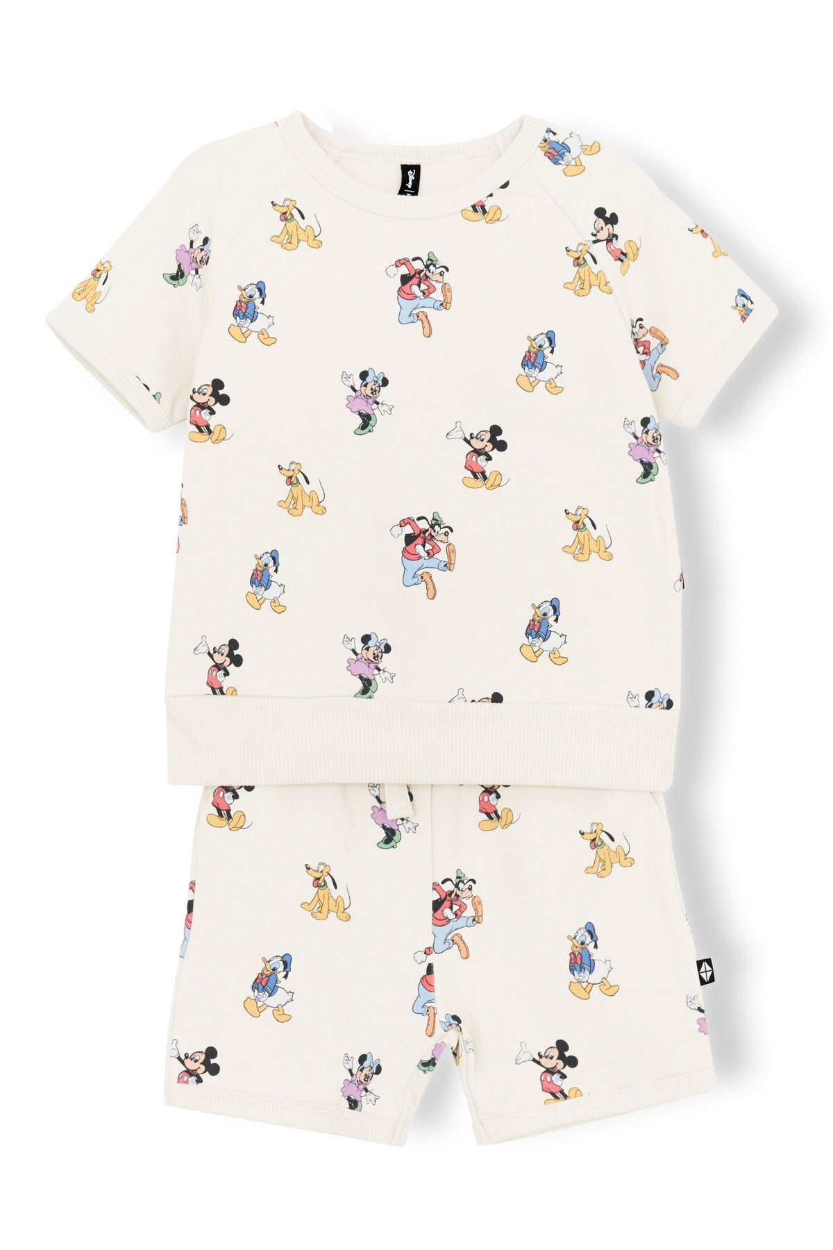 Short Sleeve Jogger Set with Mickey Mouse and Friends print on an oat background