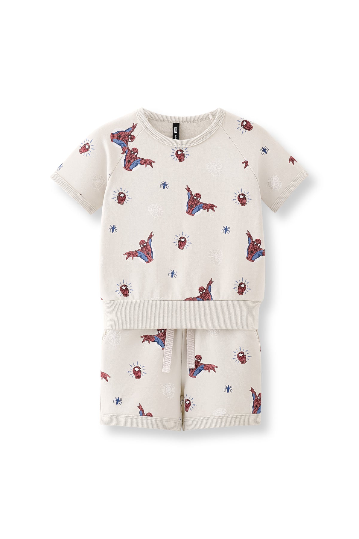Oat Short Sleeve Jogger Set with Spider-Man print on a white background