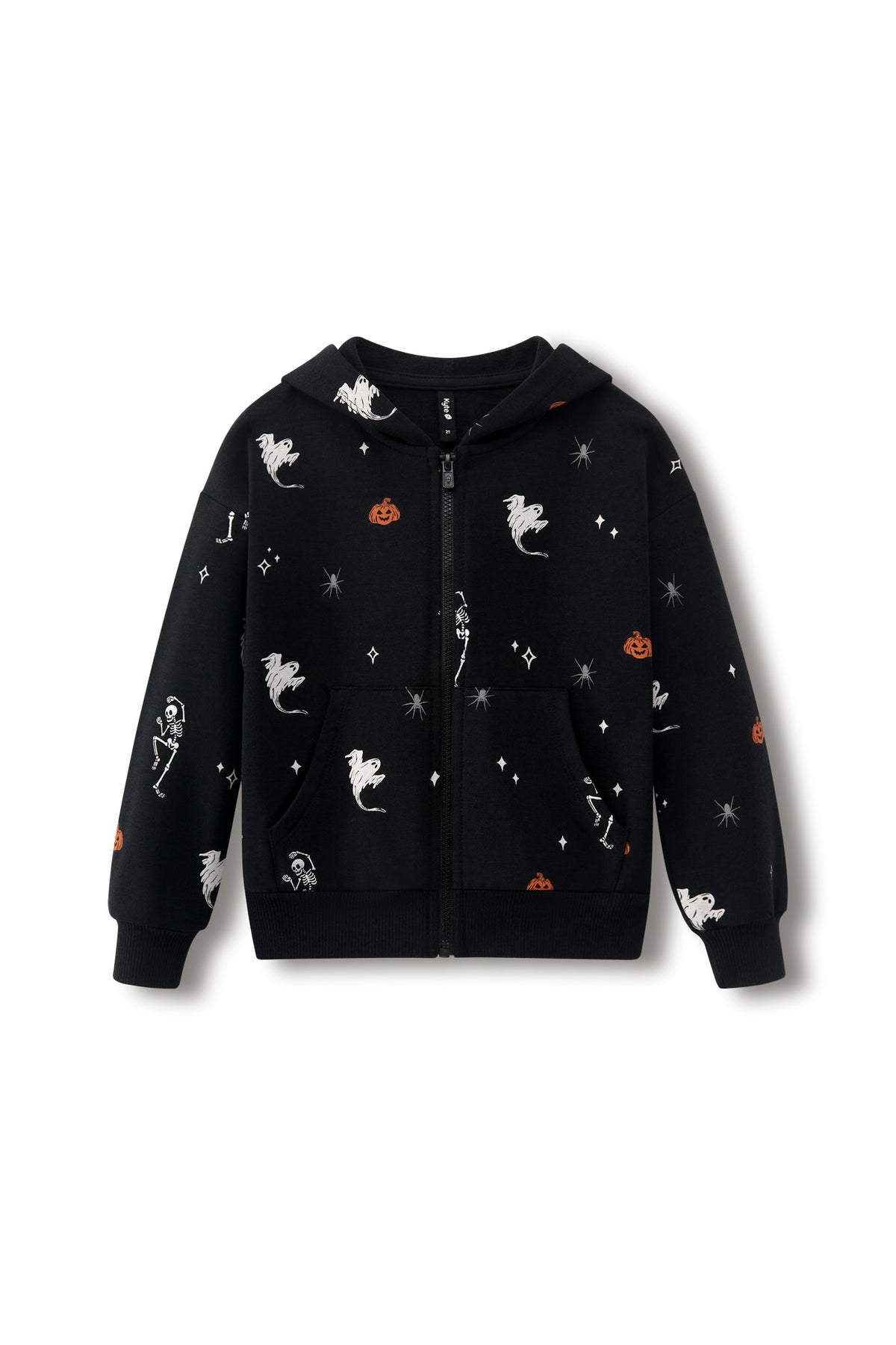 Black Zip-Up Hoodie in Halloween Friends print on a white background
