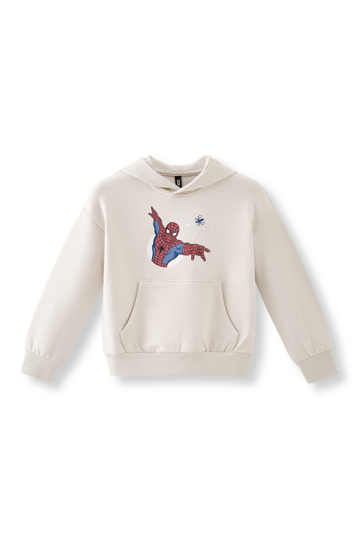 Spider-Man print in the center of an Oat Hoodie on a white background