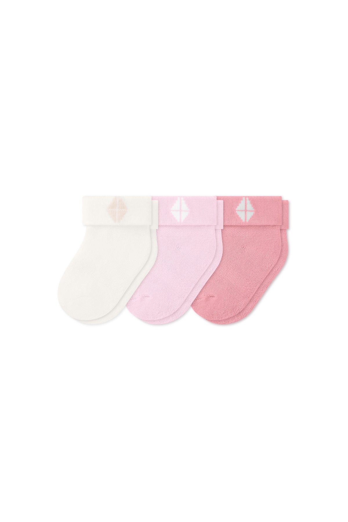 Three socks in Cloud, Sakura, and Crepe laying flat on a white background.