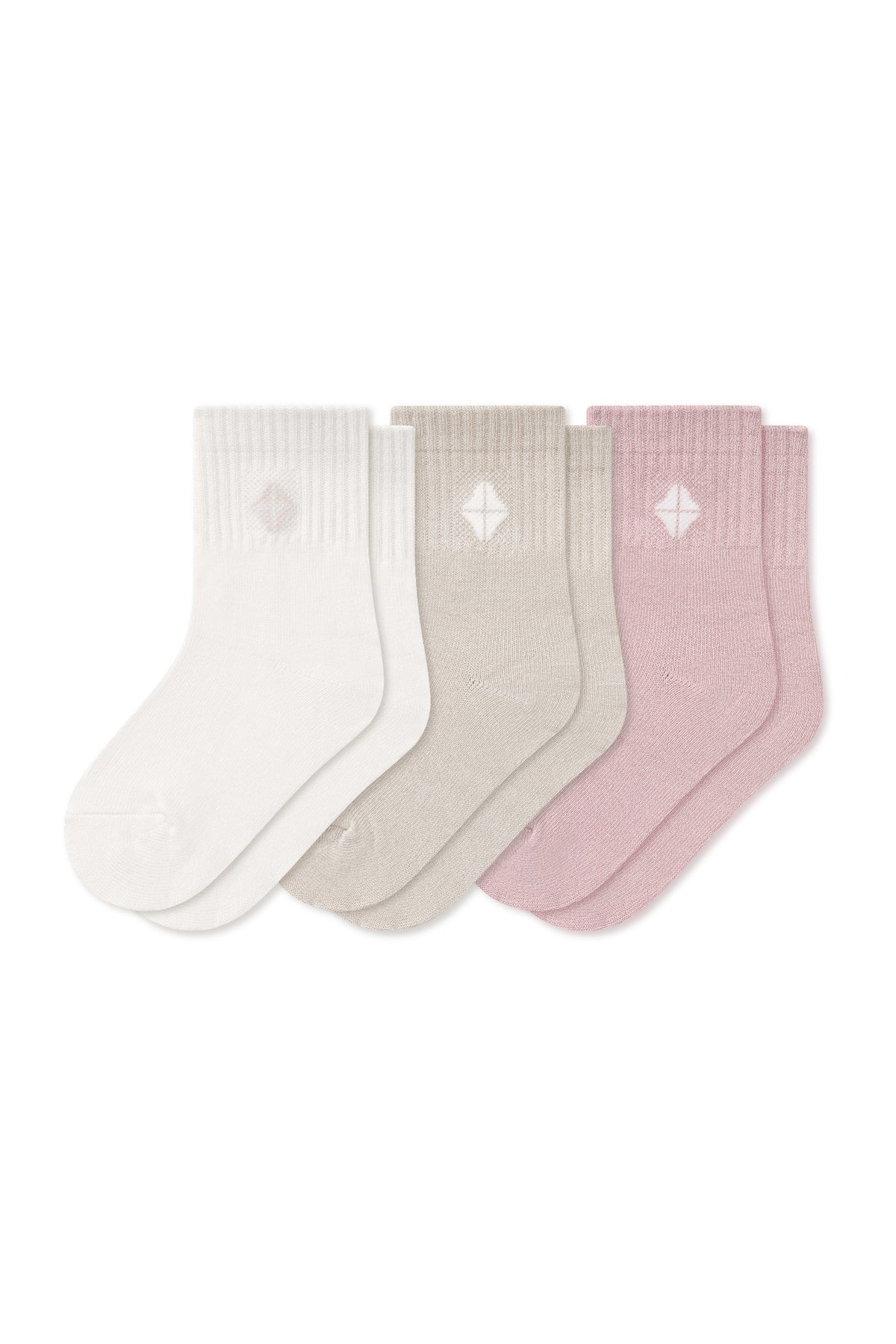 Crew Socks Combo 3-Pack in Blush, Oat, and Cloud laying flat on a white surface.