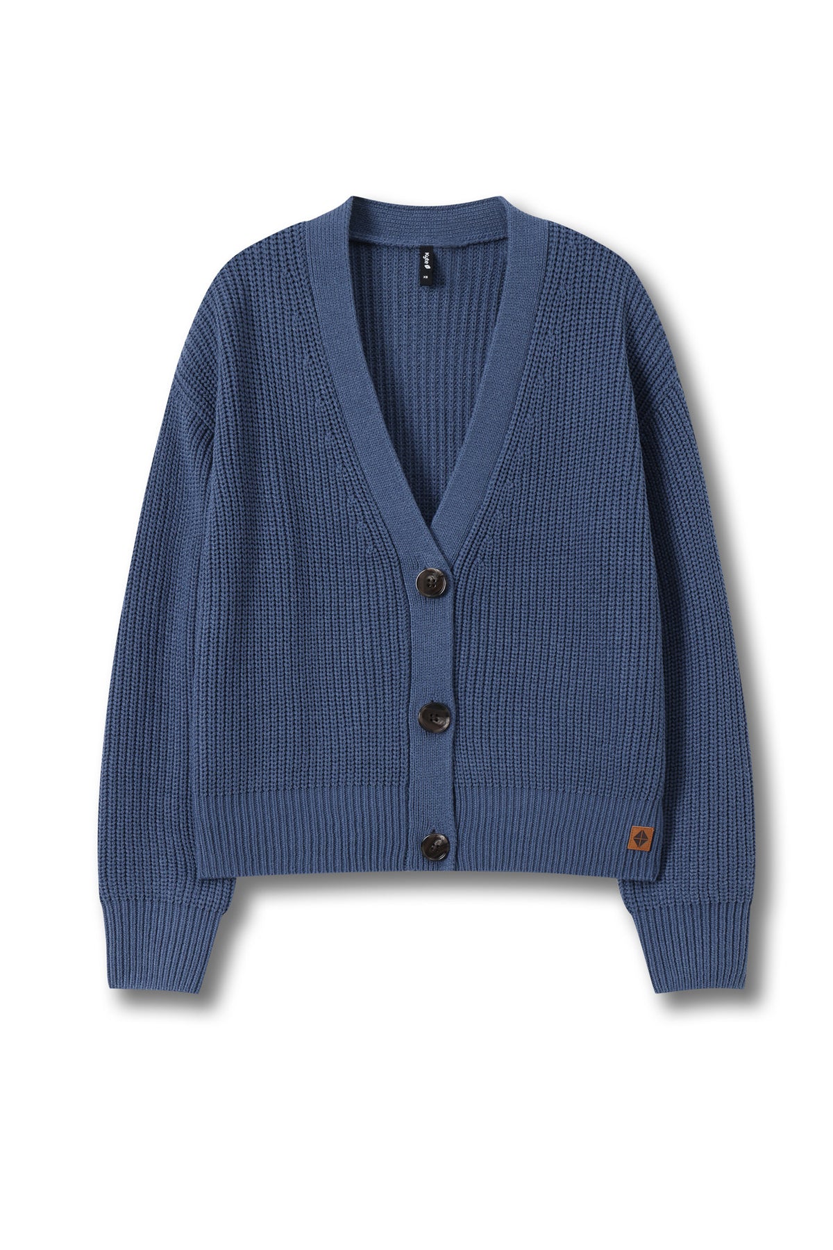 A blue ribbed knit cardigan sweater with a V-neck, three dark buttons, and a small orange embroidered logo on the lower left hem, displayed on a clean white background.