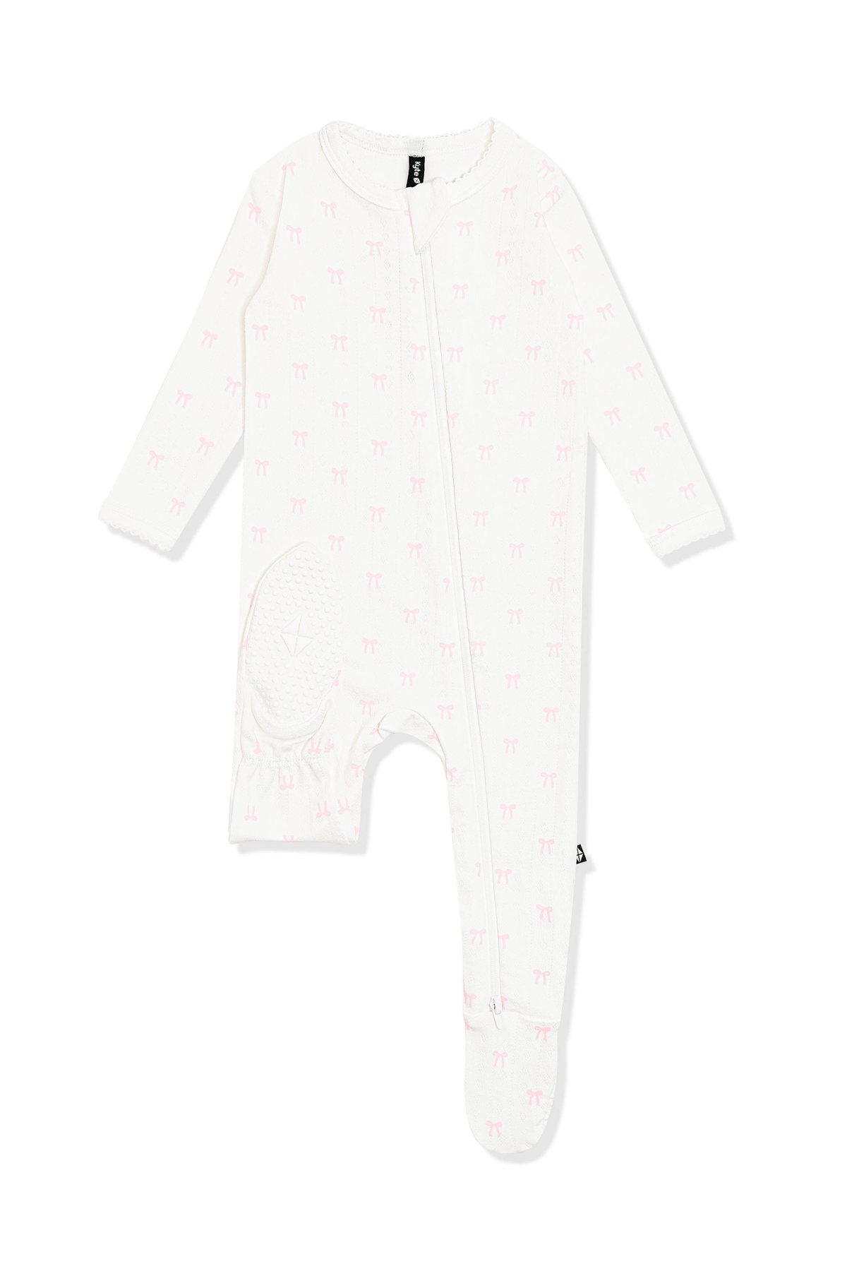The bottom of the foot showing the kyte baby logo on the Pointelle Zippered Footie in Sweet Pink Bow