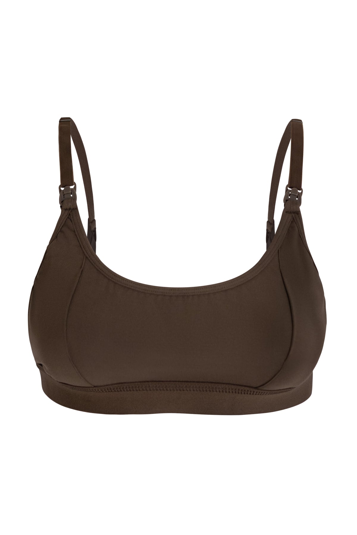 Brown bra with pumping openings and clips for nursing