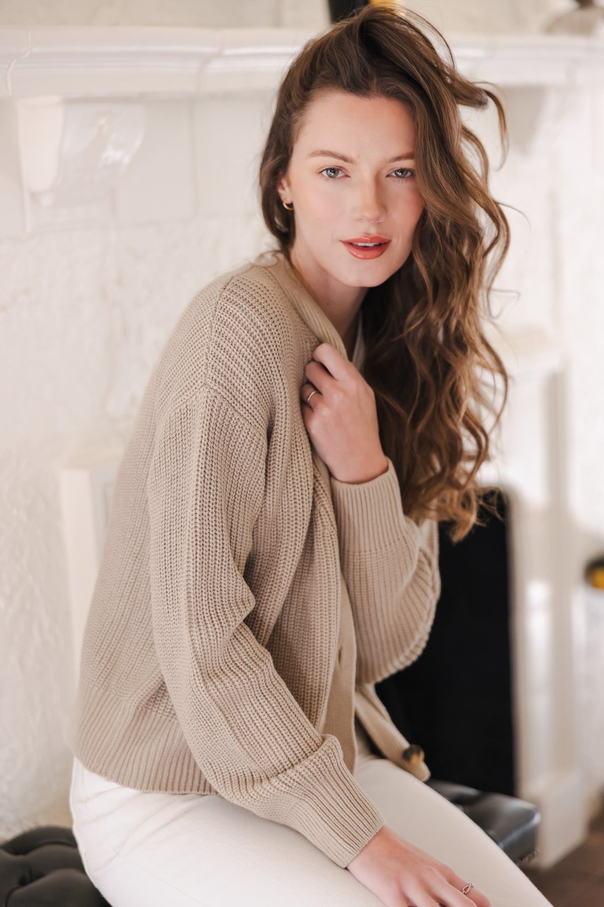 Modal wearing Chunky Knit Women's Cropped Cardigan in Almond