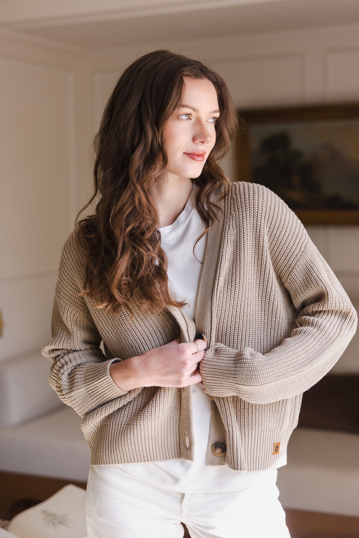 Modal posing in Chunky Knit Women's Cropped Cardigan in Almond