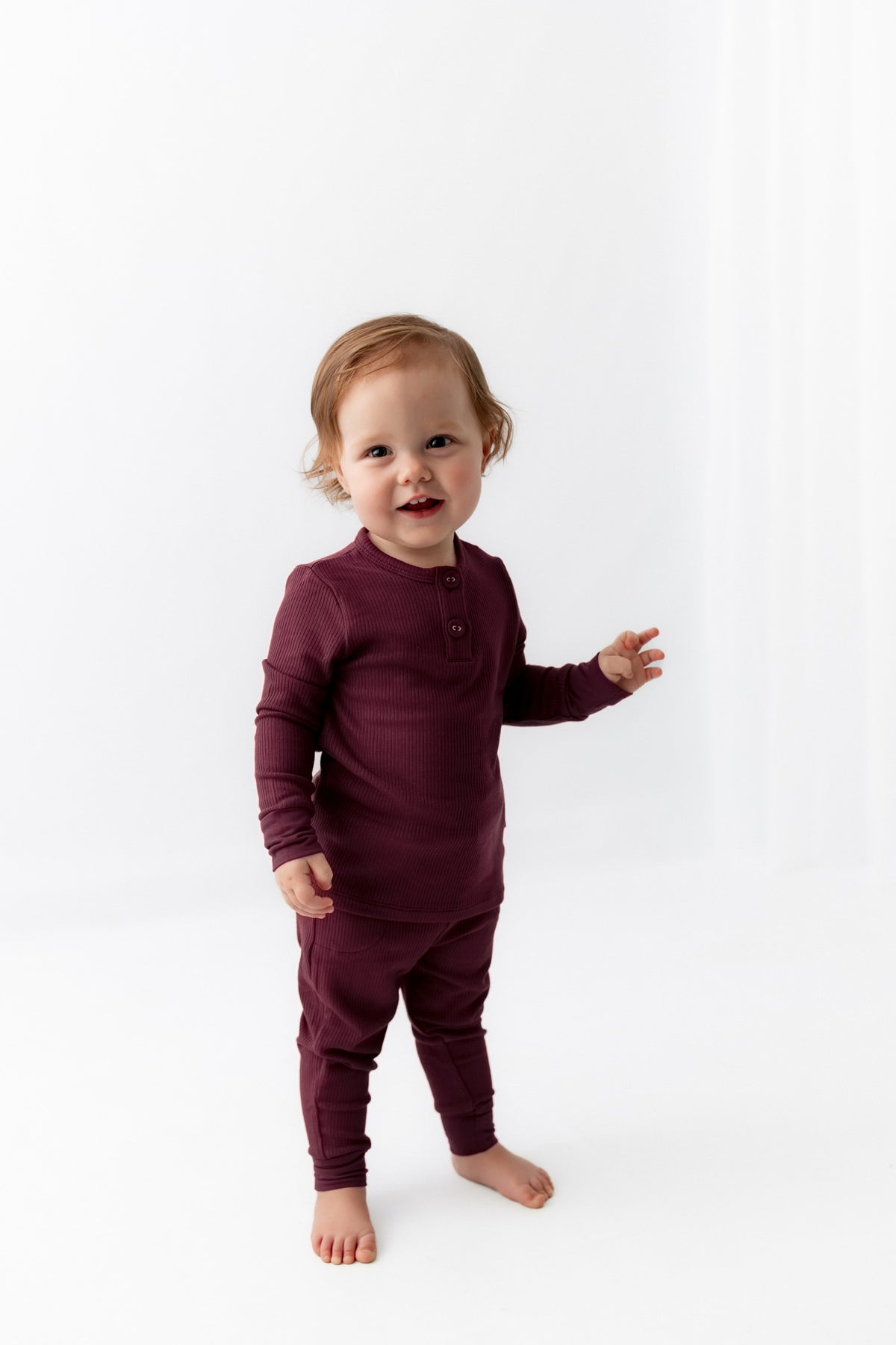 Toddler wearing Ribbed Infant Henley Set in Burgundy on a white background