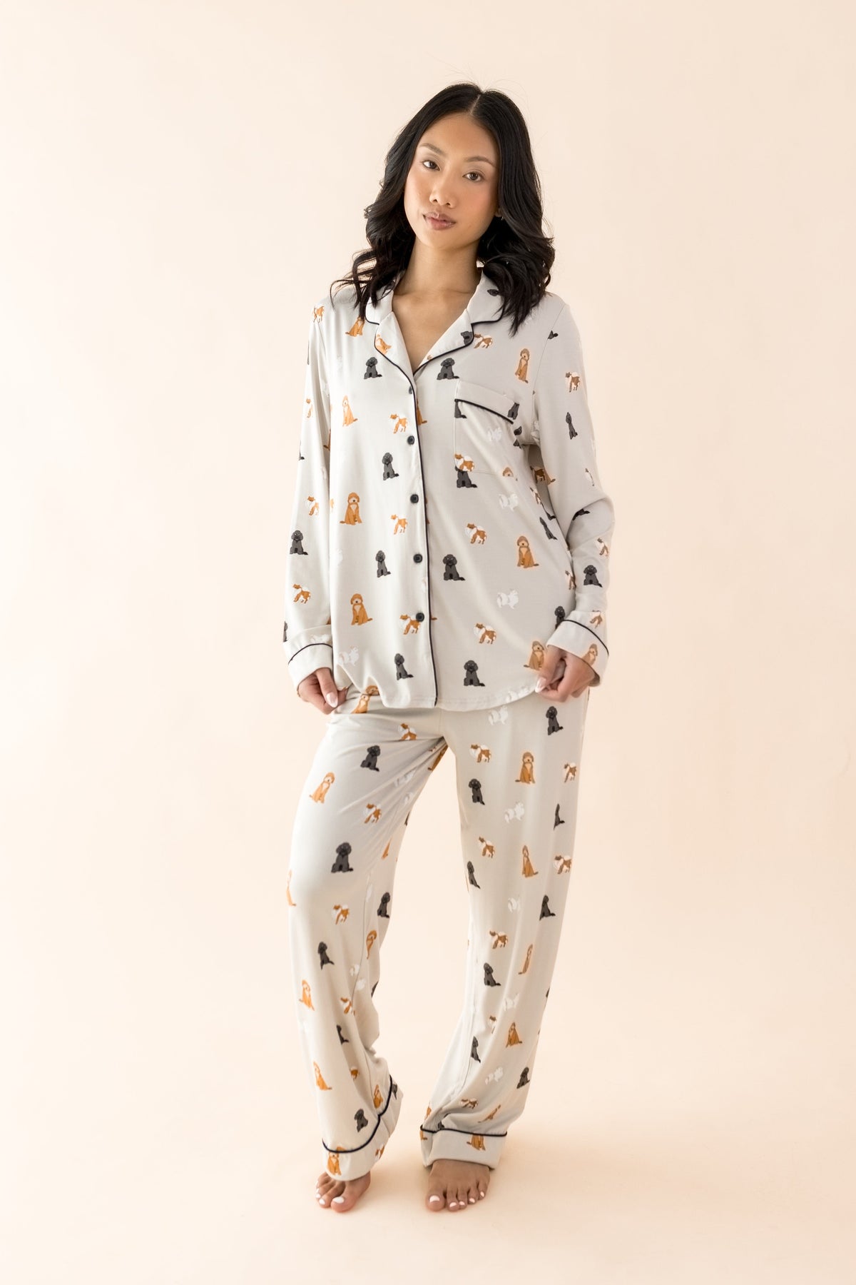 Female modeling the Long-Sleeved Women's Pajama Set in Fluffy Dog