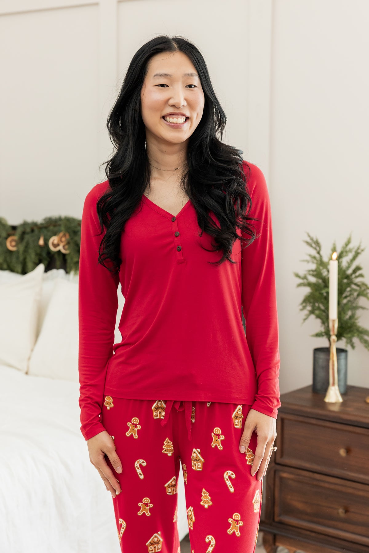 Women's Long Sleeve Henley Tee in Cardinal