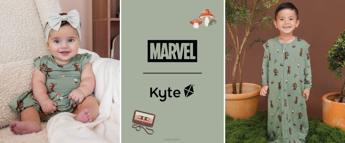 Graphic containing Marvel Kyte collaboration logo, mushrooms and cassette tape with images of children in Groot printed apparel