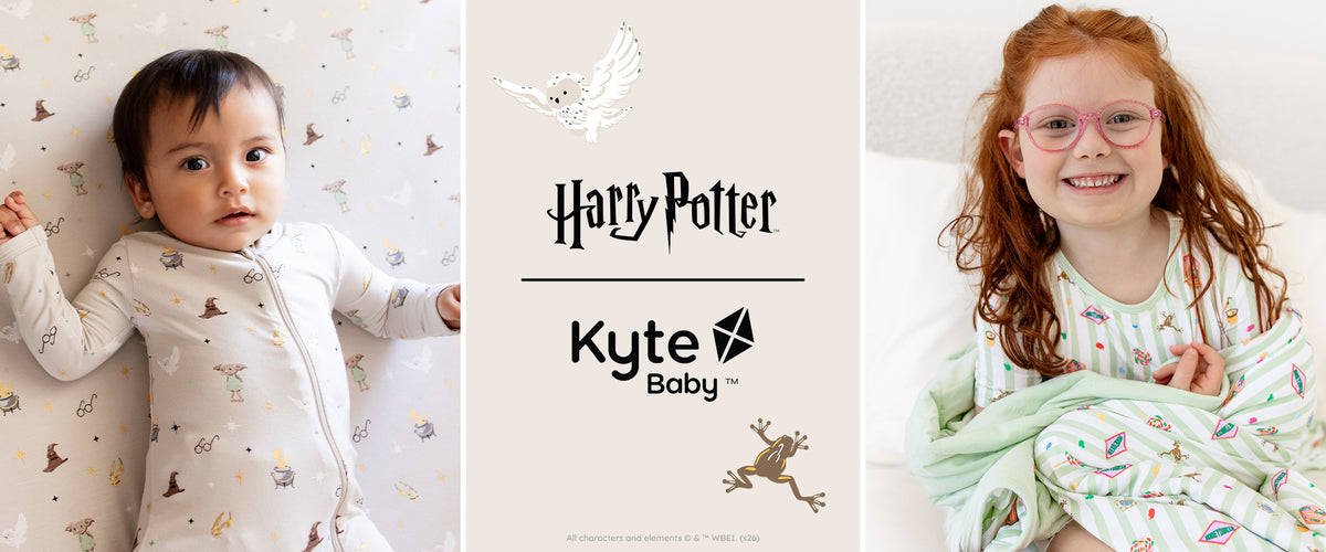Banner featuring a baby in a harry potter printed zippered romper and toddler in a honeydukes pajama with the Harry Potter x Kyte Baby logo