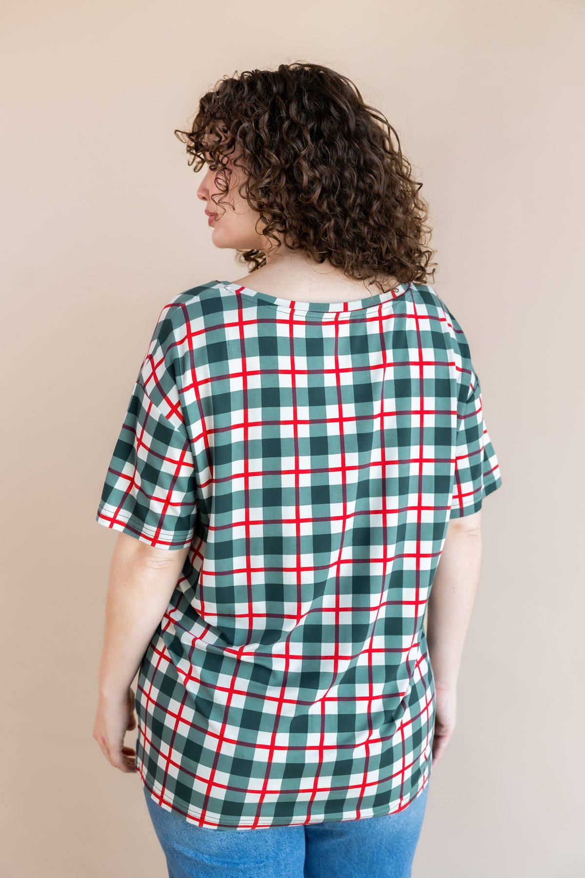 Women's Oversized V-Neck Tee in Holiday Plaid