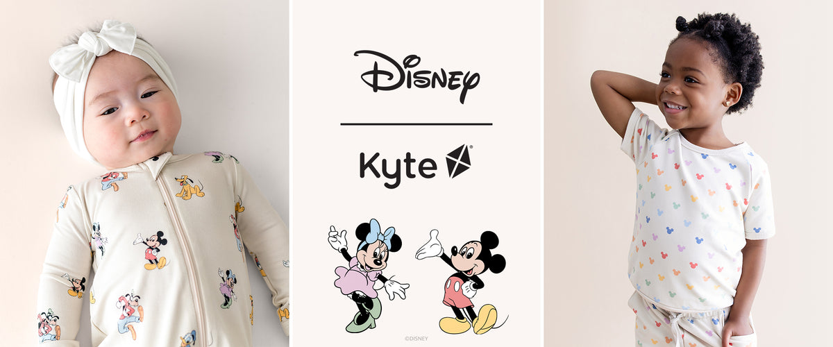 Disney x Kyte banner with baby and child modeling the collection and minnie and mickey characters