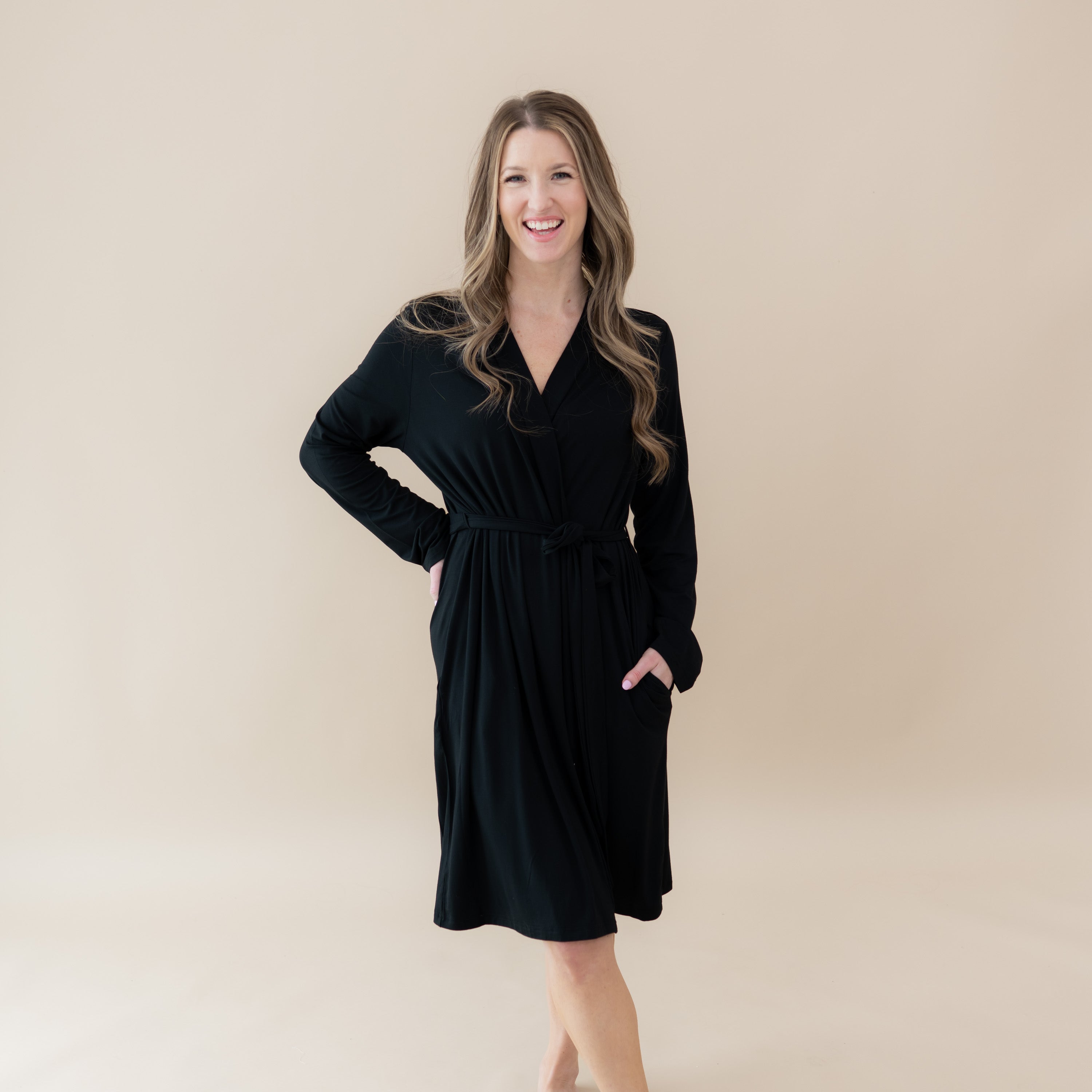 Woman modeling Women’s Lounge Robe in Midnight