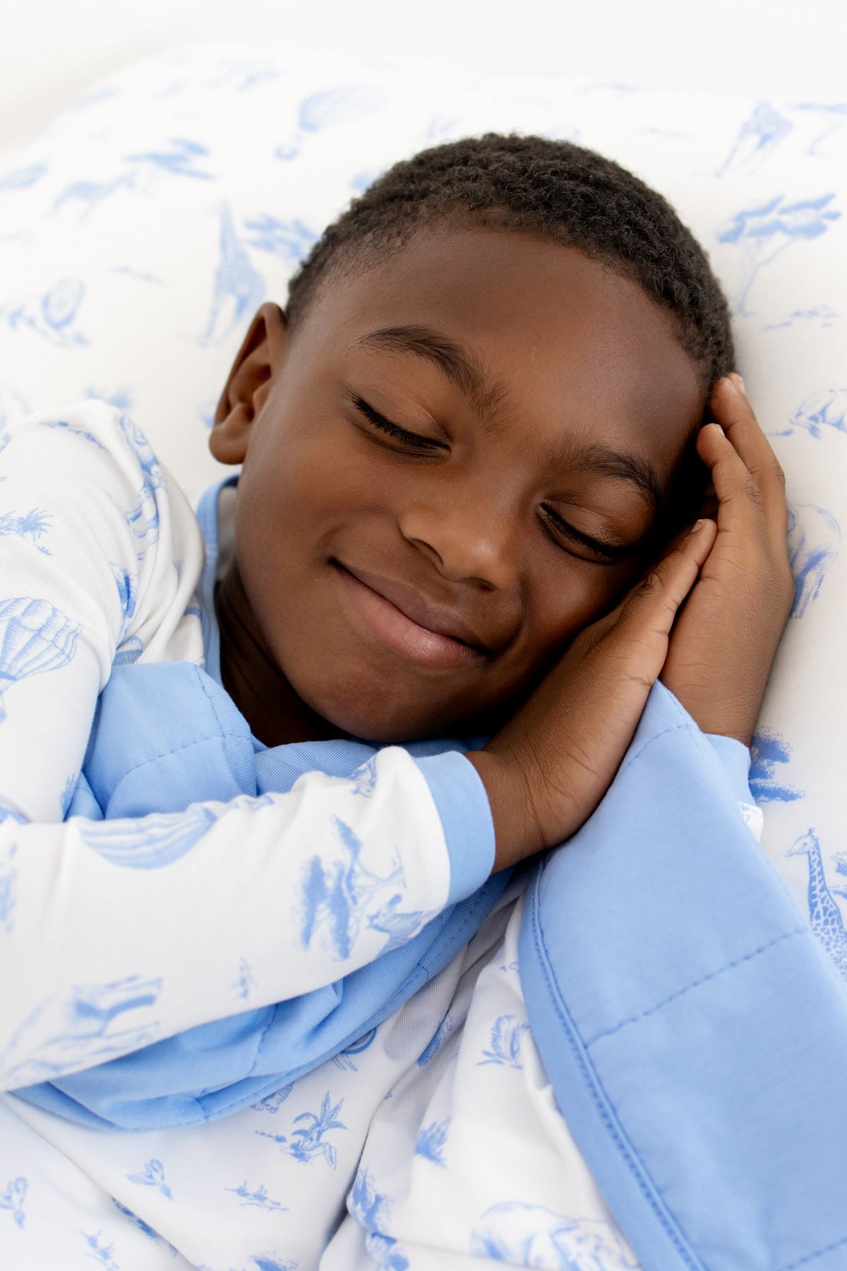 Sleeping boy laying on a pillow with the Standard Pillowcase in Toile Safari on it wearing matching long sleeve pajamas
