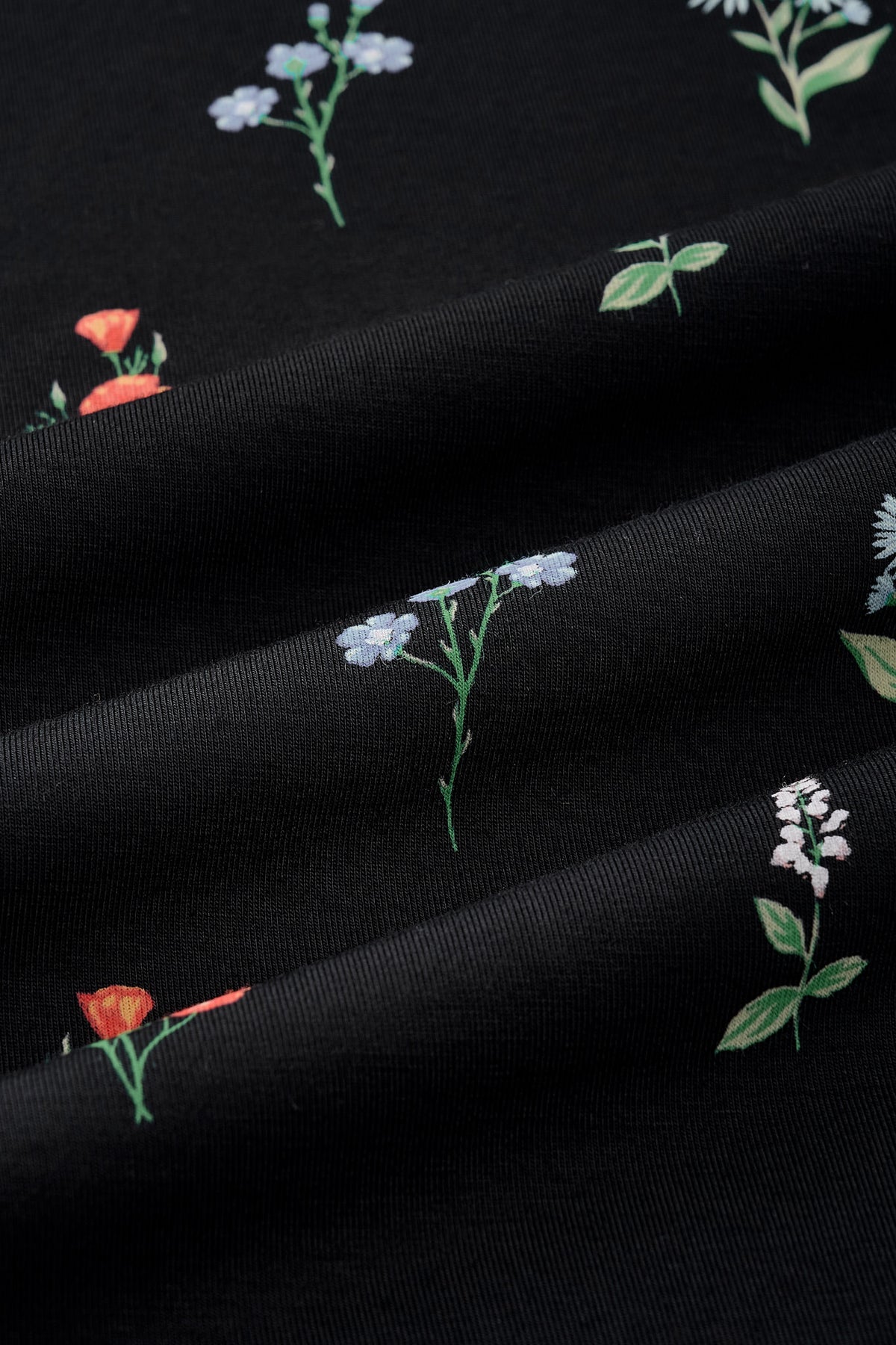 Close up of Black Fabric with Wildflower print