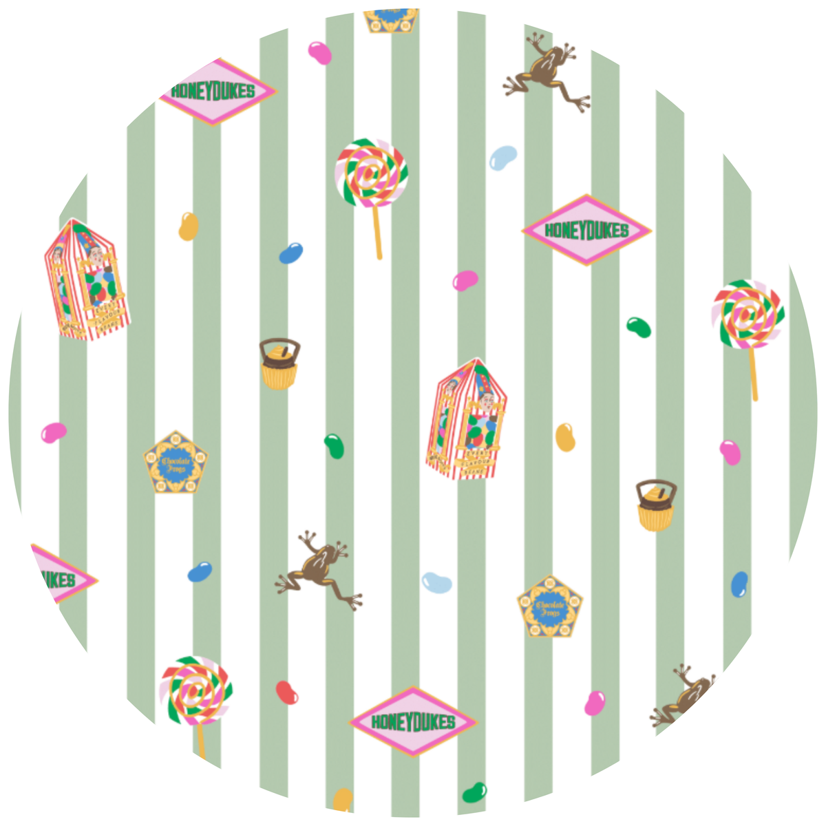 green and white striped background with harry potter honeydukes elements