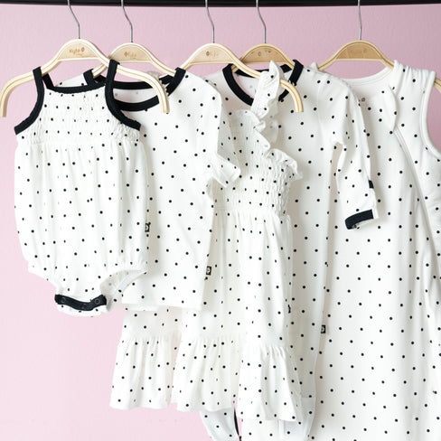 polka dot pajamas and matching bedding from the midnight polka dot kyte baby collection