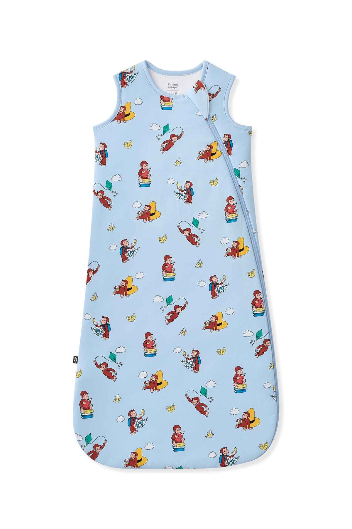 Blue Sleep Bag in Curious George 1.0 print on a white background