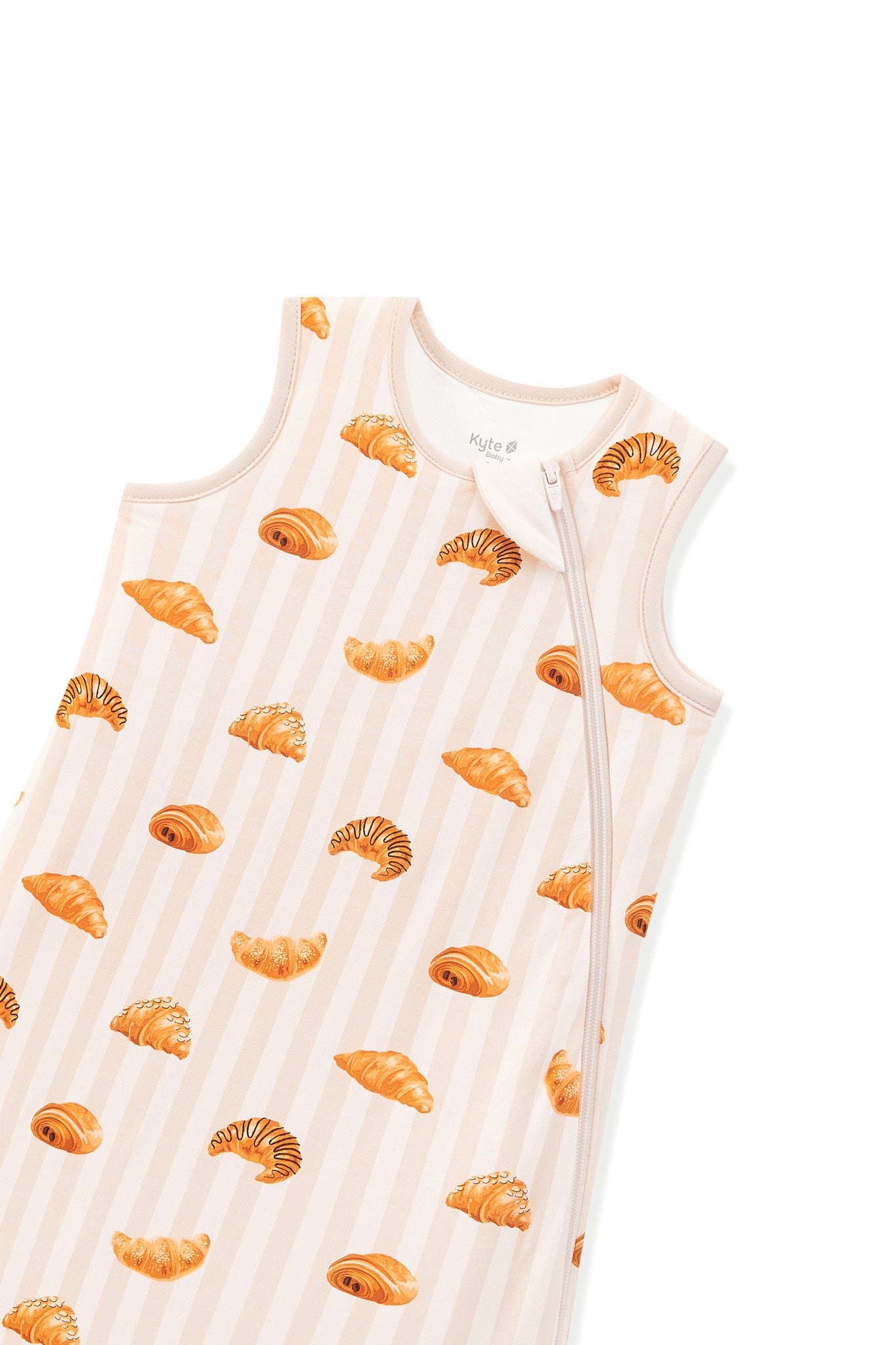 Sleep Bag in Croissant 1.0 print with zipper garage on a white background