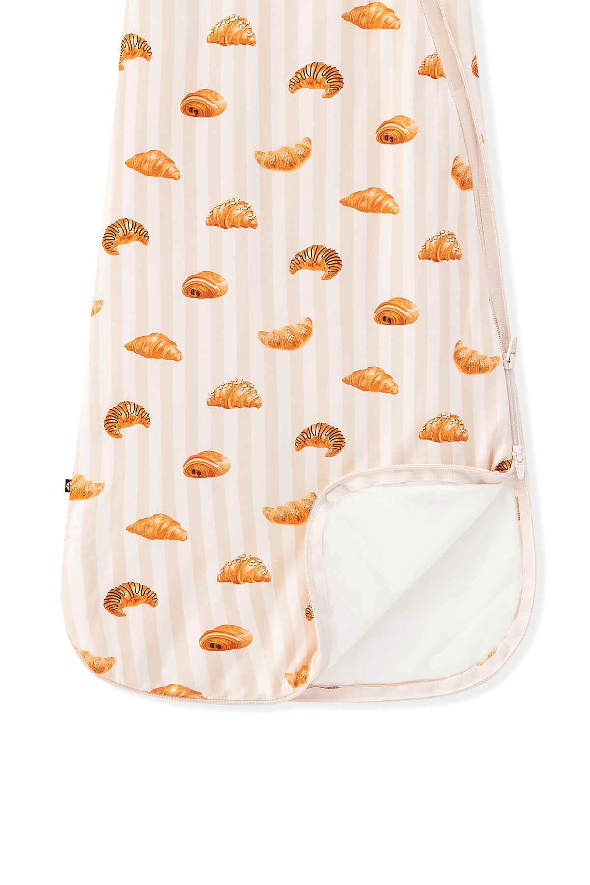 Sleep Bag in Croissant 1.0 print with dual zipper on a white background