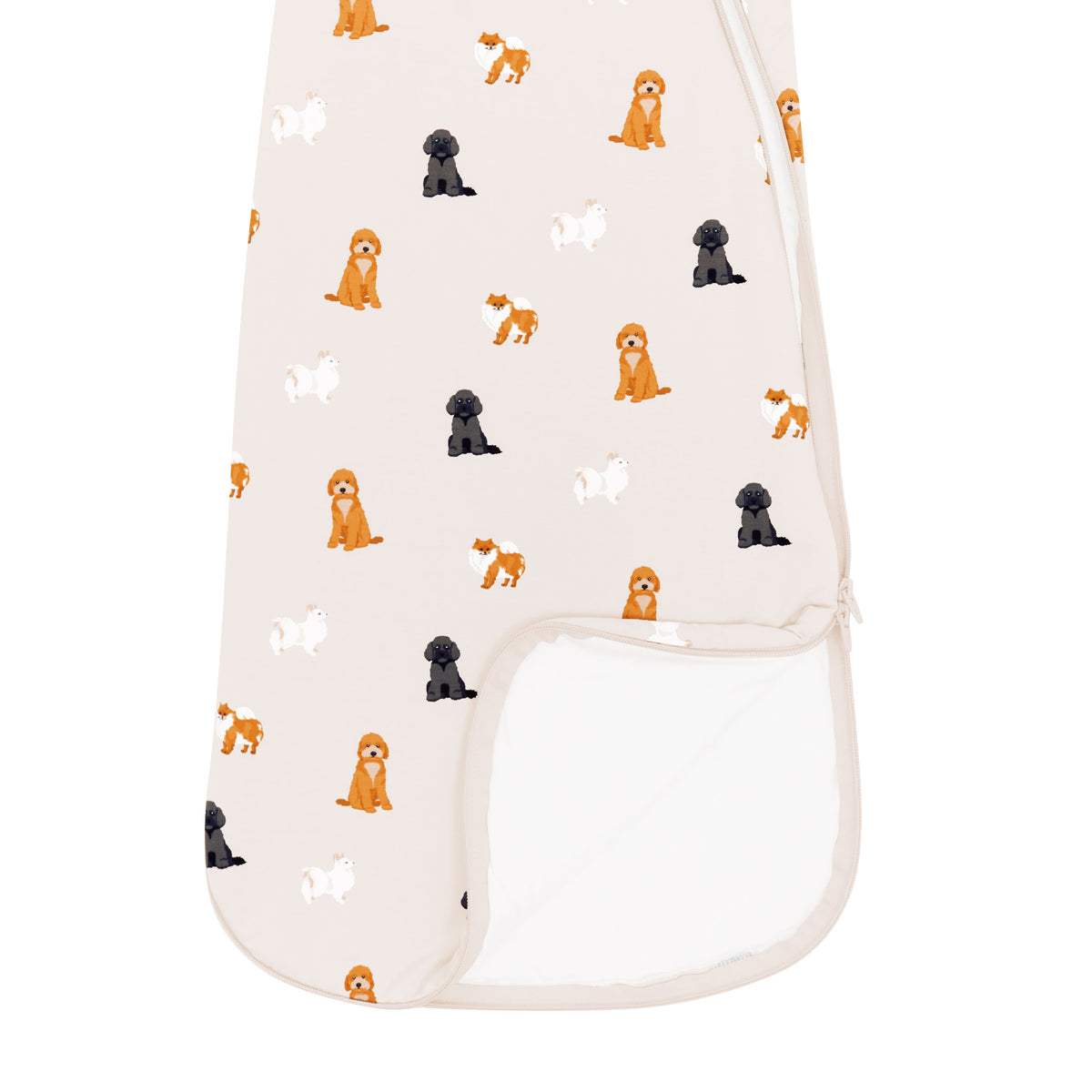 Sleep Bag in Fluffy Dog 1.0 bottom zipper showing off the dual zipper system