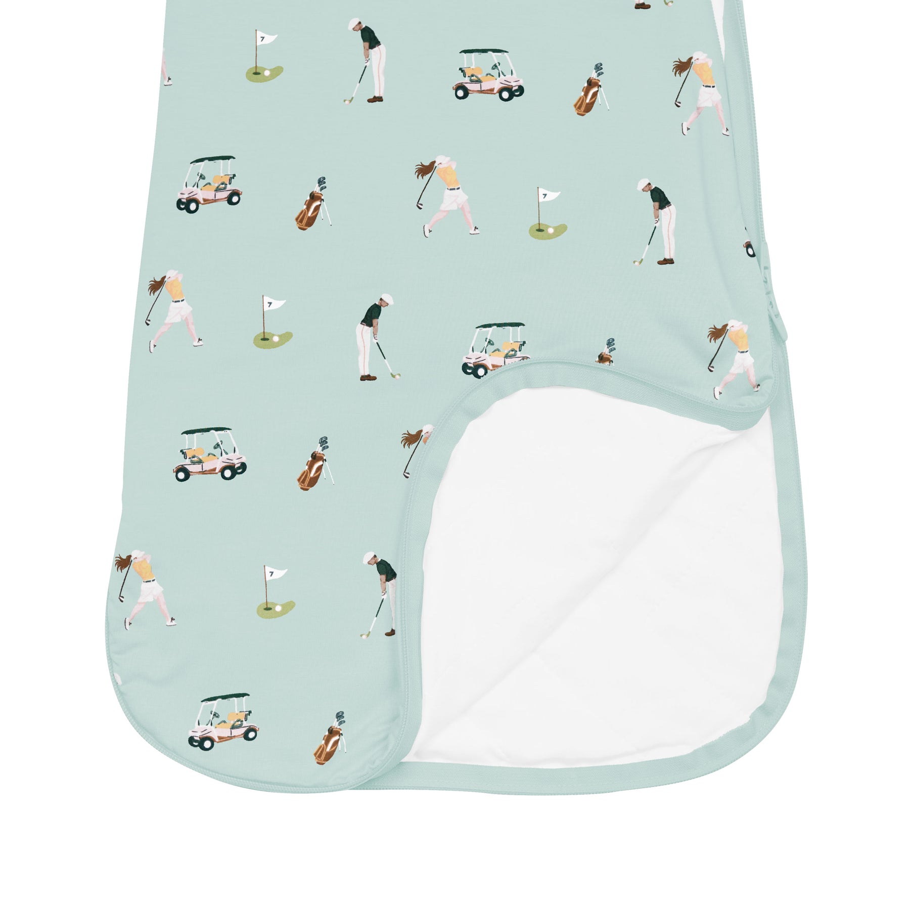 Sleep Bag in Golf 1.0 showing bottom zipper unzipped
