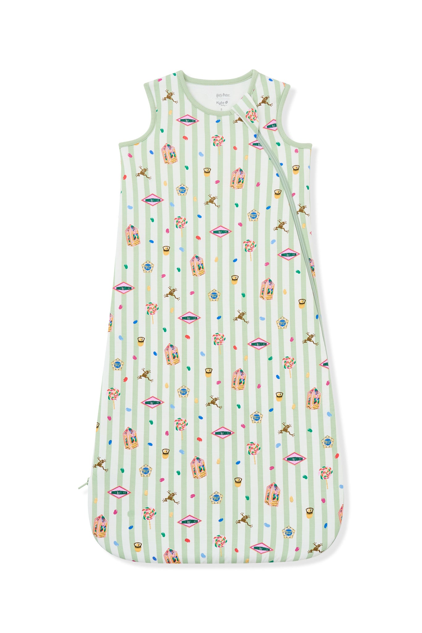 Green and white striped sleep bag with colorful Harry Potter patterns on a white background